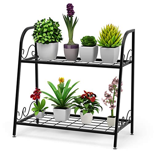 Giantex 2 Tier Metal Plant Stand, Indoor Outdoor Plant Shelf, Flower Rack Display Shelf, Flower Pots Holder with Adjustable Feet for Garden, Balcony, Living Room (2-tier (25'' x 12'' x 24.5''))