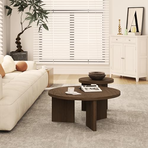 Nesting Coffee Table Set of 2, Brown | Modern Wooden Coffee Table, Circle Tea Table and End Table Set, Accent Center Tables for Living Room, Office - color: Brown, style: Coffee Table Set of 2