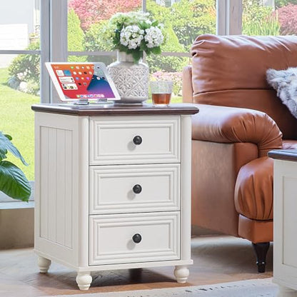 RWYHG 18" Night Stand with Charger Station, Nightstand with 3 Drawers | Farmhouse Modern Bedside Table, Metal Handle, Roman Column Legs, White Bed Side End Tables for Bedroom Living Room - color: Elegant White, size: 18"D x 18"W x 24"H (3 Drawers)