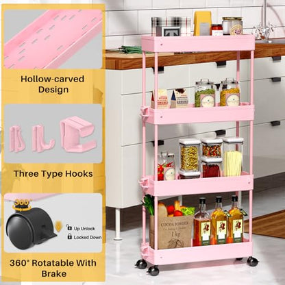 SPACEKEEPER Slim Rolling Storage Cart 4 Tier Bathroom Organizer Utility Cart Mobile Shelving Unit Tower Rack for Kitchen, Laundry Room, Bathroom, Narrow Places, Pink - color: Pink