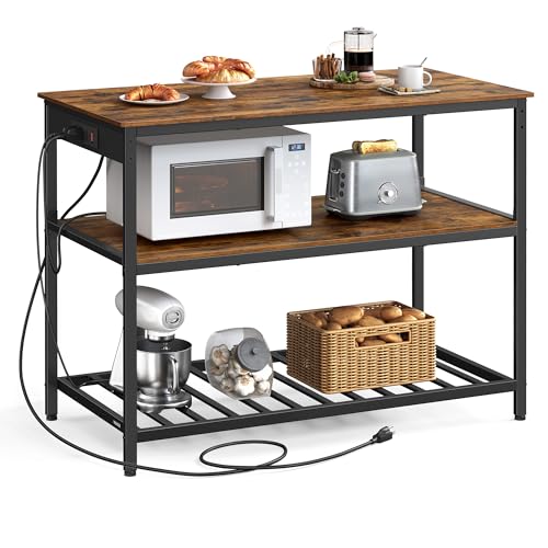 VASAGLE Kitchen Island with 3 Shelves, 47.2 Inches Width Kitchen Shelf with Power Strip, Large Worktop, Stable Steel Structure, Industrial, Easy to Assemble, Rustic Brown and Black UKKI101K01 - color: Rustic Brown + Black, size: 47.2"W x 34.9"H, style: wi