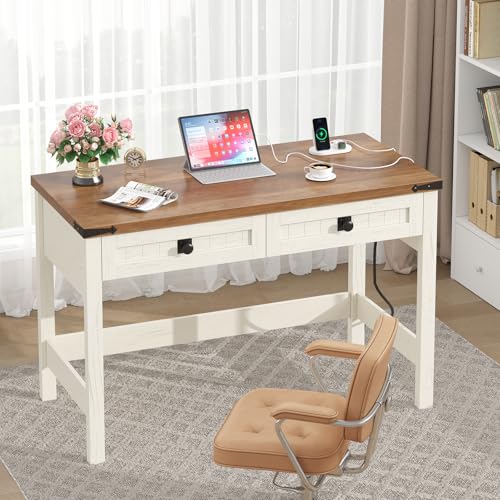 39 Inch Farmhouse Small Computer Desk with Drawers for Bedroom, Home Office | Small Office Computer Desk with 2 Drawers & Power Outlets, Compact Writing Study Desk for Small Spaces, Antique White - color: Antique White