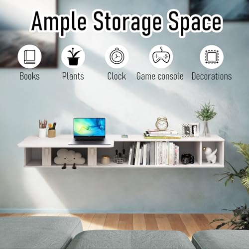 Pmnianhua 70'' Floating Desk with Storage Shelves,Wall Mounted Desk Laptop Computer Writing Study Table for Bedroom Small Space(White)