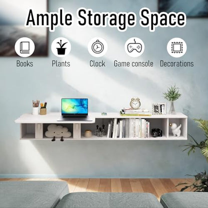 Pmnianhua 70'' Floating Desk with Storage Shelves,Wall Mounted Desk Laptop Computer Writing Study Table for Bedroom Small Space(White)