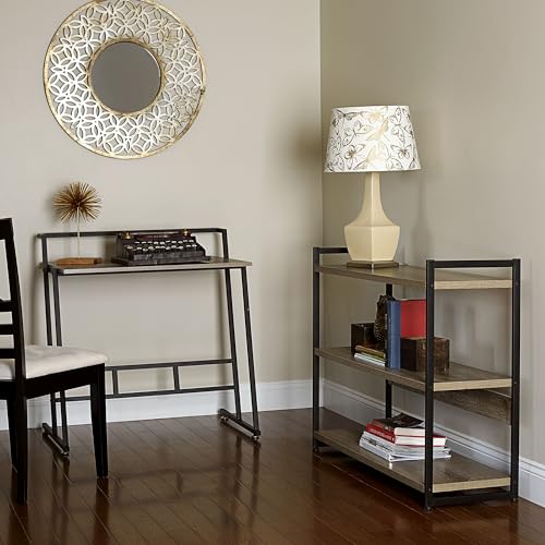 Household Essentials Wide 3‑Shelf Open Storage Bookshelf in Oak Rustic Wood Grain and White Metal Frame, Ashwood - color: Ashwood