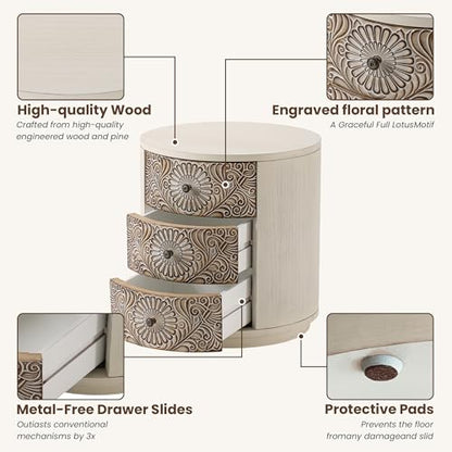 COSIEST 3 Drawer Chest of Drawers, 20 inch MDF Round Storage Cabinet, Retro Whitewash Finish Nightstand, Wood Bedside Table with Drawers for Bedroom Living Room,Light Gray - color: Wood Color-round-carved