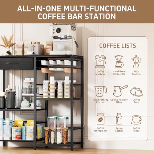 Coffee Bar with Integrated Storage,5-Tier Coffee Bar Cabinet with Drawers,Kitchen Coffee Bar Table with 2-Layer Capsule Drawer,for Living Room and Corner Kitchen Bar Table,Black