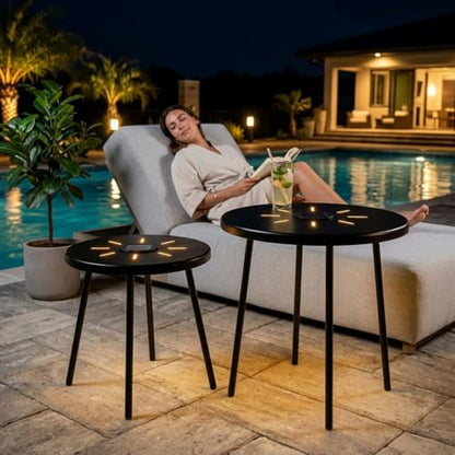 Solar Nesting Side Table Set of 2, Modern Black Metal Wire Round End Tables with Dusk to Dawn LED Light & On/Off Switch, Industrial Accent Tables for Patio, Balcony, Living Room, Garden (Solar 1)