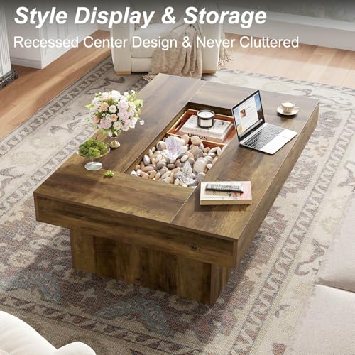 LVB Coffee Table, Modern Wood Led Living Room Table with Storage, Farmhouse Large Rectangle Center Table with LED Light, Unique Wide Low Tea Table for Living Room Home Office, 47.24 in, Rustic Oak - color: Rustic Oak