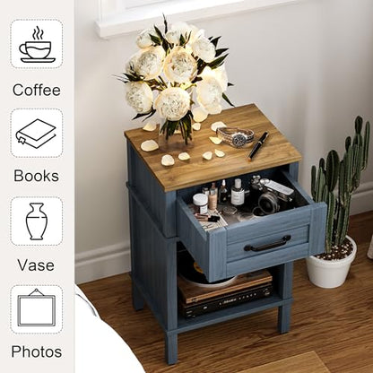 Blue Nightstand,Small Night Stand, Farmhouse Night Stands with drawers | Blue End Table Living Room,Wooden Night Stand,Blue Bedside Table,Wooden Nightstand,Farmhouse Side Table with Drawer LET512LR - color: Blue