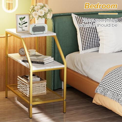 Wolawu End Table 3 Tiers 2pcs White Marble Wood Nightstand with Storage Ladder Shelf,Industrial Sofa Side Table for Small Space, Modern Trapezoid Plant Stand in Living Room Bedroom,Gold Metal Frame - color: White Marble