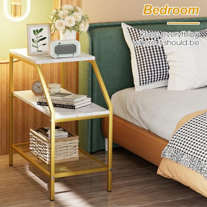 Wolawu End Table 3 Tiers 2pcs White Marble Wood Nightstand with Storage Ladder Shelf,Industrial Sofa Side Table for Small Space, Modern Trapezoid Plant Stand in Living Room Bedroom,Gold Metal Frame - color: White Marble