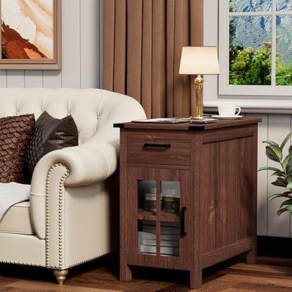 Farmhouse End Table with Charging Station, Narrow Side Table for Living Room, Sofa Side Table with Drawer and Storage Cabinet, Small Nightstand for Bedroom, Home Office - color: Cherry