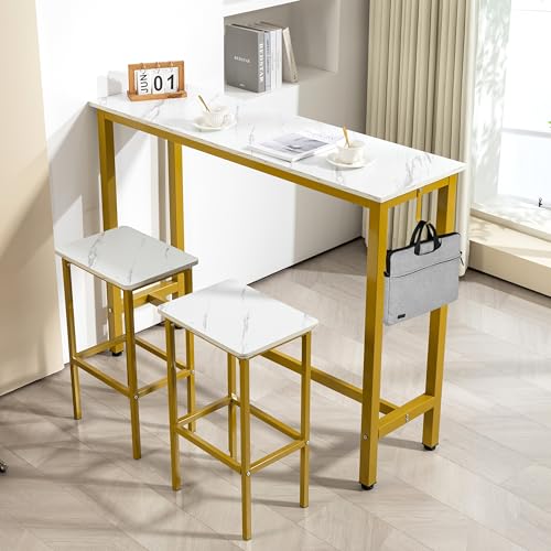 Finnhomy 52.7" Industrial Bar Table Set with 2 Stools - Counter Height Dining & Pub Table for Small Spaces, Kitchen, Apartment, Nook - Metal & Wood, Space-Saving Furniture - White Marble and Gold - color: White Marble + Gold, size: 52.7" Bar Table
