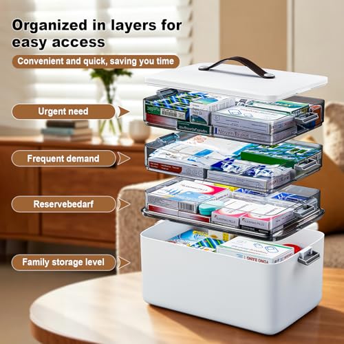 MOPUP 4-Tier Medicine Craft,Sewing,Art,Organizer Storage,Portable Latch Bin with Lid and Leather Handle,Pill Bottle, First Aid,Comes with a 7-Day Pill Organizer,A Household Essential - size: XL– 4-Tier Set