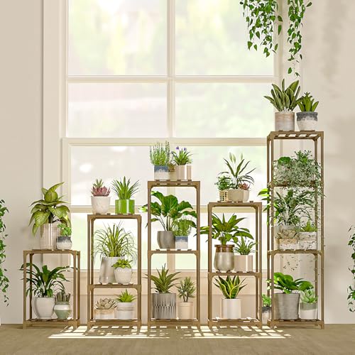 Bamworld Plant Stands Indoor 5 Sets Plant Shelves Outdoor Wooden Plant Holder for Multiple Plants Flower Stands for Living Room Balcony Garden Patio Lawn Window - color: Brown, size: 5 Sets