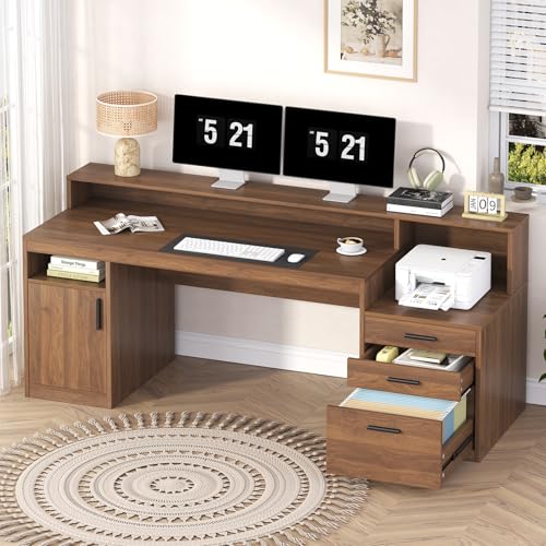 YOMILUVE Computer Desk with 3 Drawers & Storage Shelves, 65 Inch Home Office Desk with File Drawer & Cabinet, Writing Study Desks with Monitor Stand & Printer Shelf, Executive Desk, Brown - color: Brown
