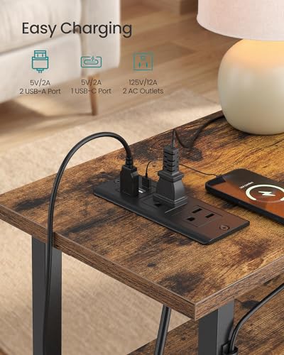 SONGMICS Side Table, Nightstand with Charging Station, End Table with LED Lighting, 2 Drawers, for Living Room, Bedroom, Set of 2, Rustic Brown, BELLAH Collection ULGS012K101 - color: Rustic Brown, size: 2 Pack (8.5"D x 18.1"W x 23.8"H)