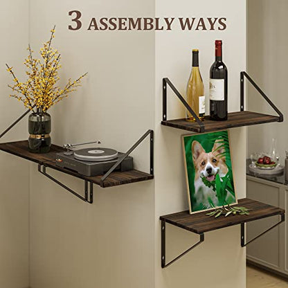 BAMEOS Floating Shelves Rustic Wood Wall Shelf, Small Bookshelf for Living Room, Office, Bedroom, with Metal Bracket - style: 3 pack Carbonized 16"W 8"D