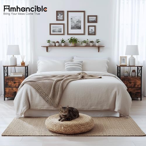 AMHANCIBLE Nightstands Set of 2, Large Night Stand with Charging Station | Bedside Table, 2 Fabric Drawers, End Side Tables Living Room, with Open Shelf, USB Ports Outlets, for Bedroom, Rustic Brown - color: Rustic Brown