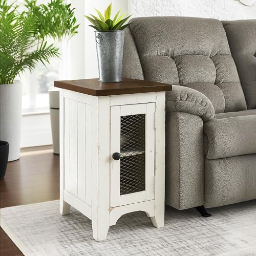 Signature Design by Ashley Wystfield Farmhouse Chair Side End Table with Cabinet Door for Storage, White & Brown with Distressed Finish - color: Dark Brown & White