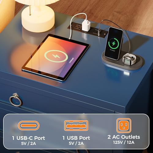 Huuger Paint Night Stand with Charger Station, 3 Drawer Nightstand Set of 2 | Larger Wider Bedside Table with USB-C Port, Modern End Table, for Bedroom, Living Room, Blue Nightstand - color: Blue