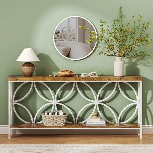 karlott 70.9 inch Extra Long Sofa Table, Industrial Console Table Behind Couch with 2 Tier Storage Shelf, Narrow Entryway Table for Entryway, Living Room, Foyer, Hallway, Unique Design, White - color: White