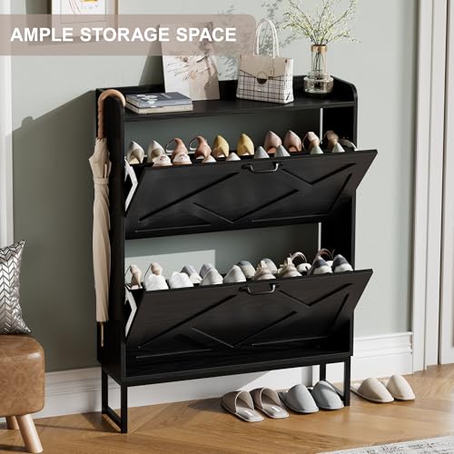 Nicetree Shoe Storage Cabinet with 2 Flip Drawers, Entryway Cabinet, Black | Slim Shoe Cabinet with Metal Legs, Narrow Farmhouse Shoe Organizer for Entryway, Foyer, Hallway, Wood Shoe Rack with Hook - color: Charcoal