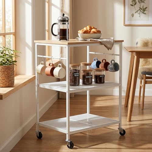 Homleke 3-Tier Rolling Kitchen Microwave Cart, Kitchen Utility Cart on Lockable Wheels, Coffee Bar Table Station with 6 S-Shaped Hooks, Small Appliance Storage Shelf, White and Natural KC40D - color: White and Natural, size: 3-Tier