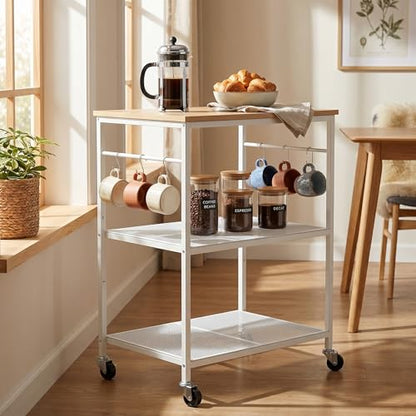 Homleke 3-Tier Rolling Kitchen Microwave Cart, Kitchen Utility Cart on Lockable Wheels, Coffee Bar Table Station with 6 S-Shaped Hooks, Small Appliance Storage Shelf, White and Natural KC40D - color: White and Natural, size: 3-Tier