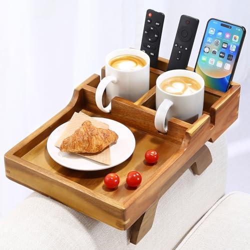 Couch Armrest Table, Acacia Wood Sofa Arm Table with 2 Cup Holders, 15.4"x9.8" Large Foldable Clip on Couch Arm Tray Table with Remotes Storage Slot - color: Acacia