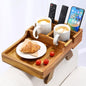 Couch Armrest Table, Acacia Wood Sofa Arm Table with 2 Cup Holders, 15.4"x9.8" Large Foldable Clip on Couch Arm Tray Table with Remotes Storage Slot - color: Acacia
