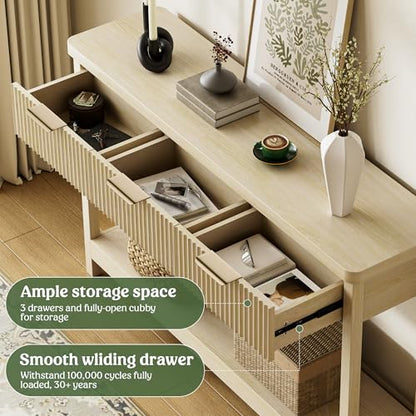 Fluted Console Table, 51 Inch Entryway Table with 3 Drawers | Scandi farmhouse look with quiet full-extension slides, open lower shelf, profile for hallway, entry, foyer or behind sofa. - color: Natural