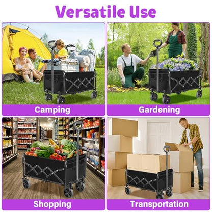 Wagons Carts Foldable,280 LBS Large Capacity Foldable Wagon Cart Collapsible Wagon with Wheels & Drink Holders,Utility Folding Cart for Camping Garden Beach Picinic Grocery Outdoor Shopping(Black) - size: 280LBS