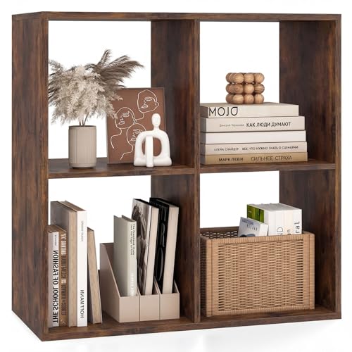 Tangkula 4-Cube Bookcase, 3-Tier Bookshelf with Open Compartments, Freestanding Cube Storage Organizer with Anti-Toppling Kits, Modern Display Shelf for Home Office (Rustic Brown, 4-Cube) - color: Rustic Brown, size: 4-Cube