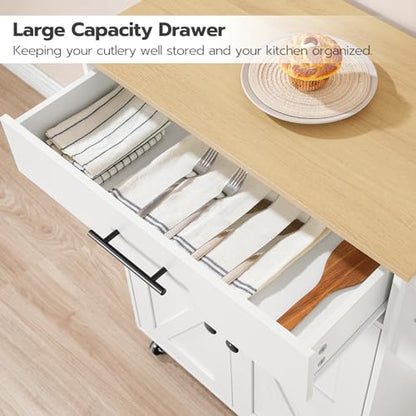 HOOBRO Kitchen Island with Power Outlet, Rolling Kitchen Island with Large Worktop, Kitchen Island Cart with Spice Rack and Drawer, Island Table for Dining Room, White and Natural WN88UZD01 - color: Natural + White