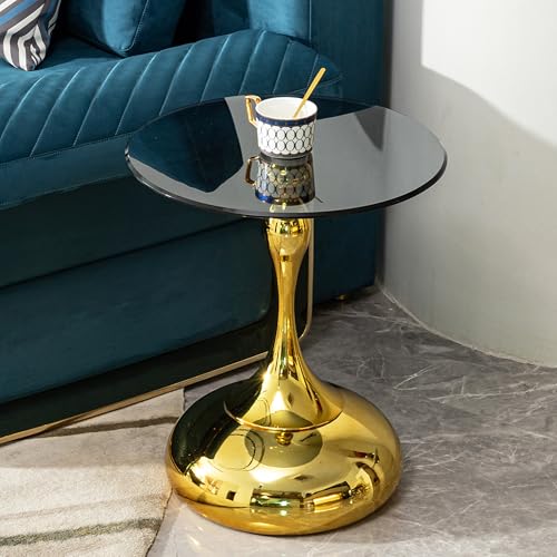 Luxury Round End Table Gold Metal Base 17.7inch Black Tempered Glass Top Modern Small Side Table Living Room Table Sofa Small Coffee Tables Cute Shape (Glod+Glass) - color: Glod+glass