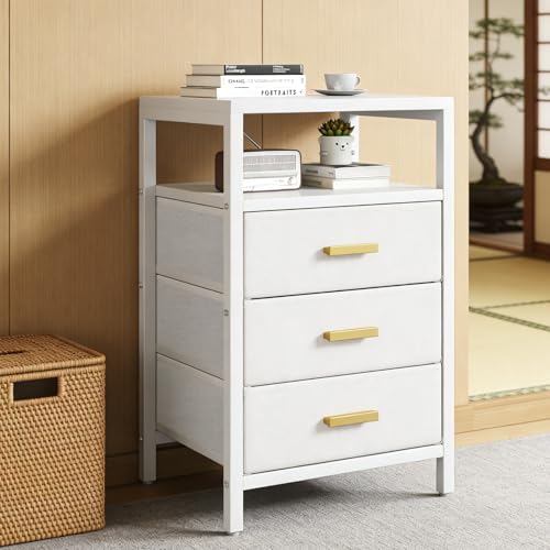 Nightstand 3 Drawers Side Table Modern Bedside End Table | White night stand with 3 fabric drawers, double layer shelf, metal frame, space saving end table for bedroom and living room - size: 3 Drawers, Single Piece