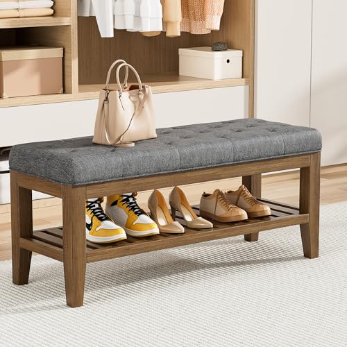 YaFiti End of Bed Storage Bench, 42.9" Entryway Shoe Bench with Solid Wood Shelf, Upholstered Ottoman with Padded Seat for Bedroom, Hallway and Lining Room, Dark Gray - color: Dark Gray