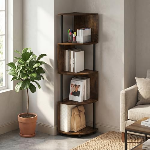 4-Tier Corner Bookshelf, Zigzag Storage Shelves Display Rack, Corner Shelf, Book Shelf for Organization and Storage, Home Office, Living Room, Amber Pine - color: Amber Pine/Black, size: 4 Tier
