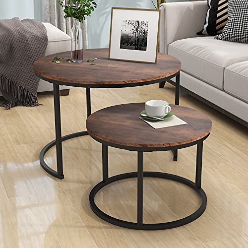 HOJINLINERO Round Coffee Table,Nesting Coffee Table Set of 2,Rustic Brown | Center Table for Living Room,Small Apartment,Small Space,Stacking Side Tables,Wood Tabletop,Sturdy and Easy Assembly,Large - color: Brown, size: Large