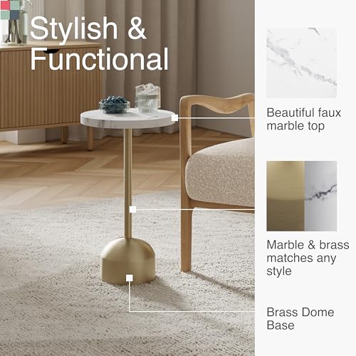 Round Metal Drink Table with Faux Marble Top, Brass Pole & Dome Base – Modern Small Pedestal Side Table for Living Room, Bedroom, or Office – Easy Assembly, Scratch-Resistant Base - color: Faux Marble Top With Brass Pole, style: Dome Base