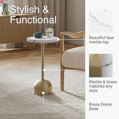Round Metal Drink Table with Faux Marble Top, Brass Pole & Dome Base – Modern Small Pedestal Side Table for Living Room, Bedroom, or Office – Easy Assembly, Scratch-Resistant Base - color: Faux Marble Top With Brass Pole, style: Dome Base