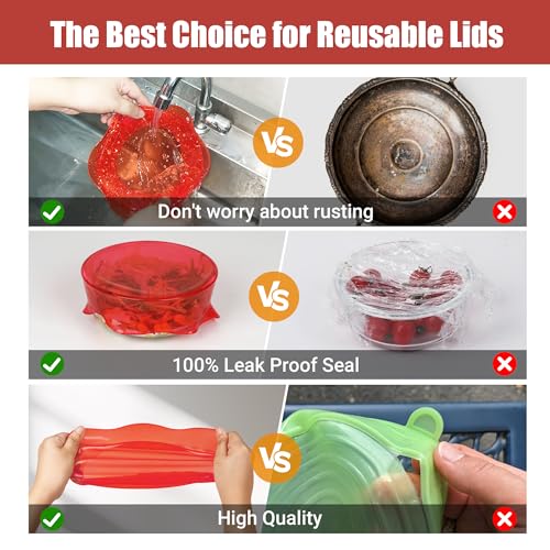 Silicone Stretch Lids for Food Storage in Fridge, Reusable Elastic Bowl Covers for Cup, Cans, Jars, Round & Rectangle Container, Food Grade Silicone Microwave Food Cover, Red, 6PCS - color: 6 Pcs Red