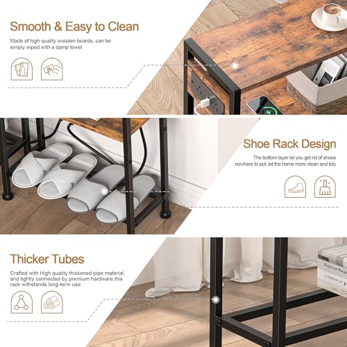Small Narrow Side Table with Charging Station, Skinny End Table for Small Spaces, Slim Nightstand with Outlets, Sofa Bedside Table in Living Room, Bedroom, Study, Kitchen and Balcony (Rustic Brown) - color: Rustic Brown