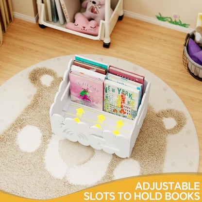 Wood Kids Bookshelf, Montessori Bookshelf, With 2 Adjustable Dividers, Suitable Kids Rooms, Nursery & Classroom, Kids Bookshelf And Toy Storage, Toddler Book Rack, Nursery Book Shelves, Kids Bookcase - color: White(stationary)