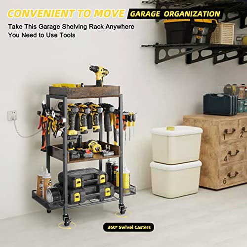 Olakee Power Tool Organizer Garage Storage Organization Shelving Tool Holder Drill Rack Shelf Rolling Cart Open Tool Chest Cabinet Box Organizer with Wheels Workshop Garage Gift Ideas for Men Dad