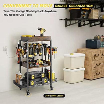 Olakee Power Tool Organizer Garage Storage Organization Shelving Tool Holder Drill Rack Shelf Rolling Cart Open Tool Chest Cabinet Box Organizer with Wheels Workshop Garage Gift Ideas for Men Dad