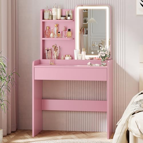 Memobarco Small Vanity Desk with Mirror and Lights, Makeup Vanity with Drawer & Storage Shelves, Vanity Desk with 3 Lighting Modes & Adjustable Brightness, Dressing Table for Women Girls Bedroom, Pink - color: Pink