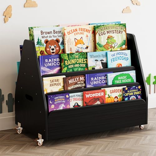 SpaceAid Double-Sided Mobile Bookshelf, Montessori Bookcase for Toddlers, Wooden Book Storage Organizer Shelf Furniture for Kids Rooms, Playroom, Nursery and Classroom, 29.5“ Wide 4-Tier, Black - color: Black